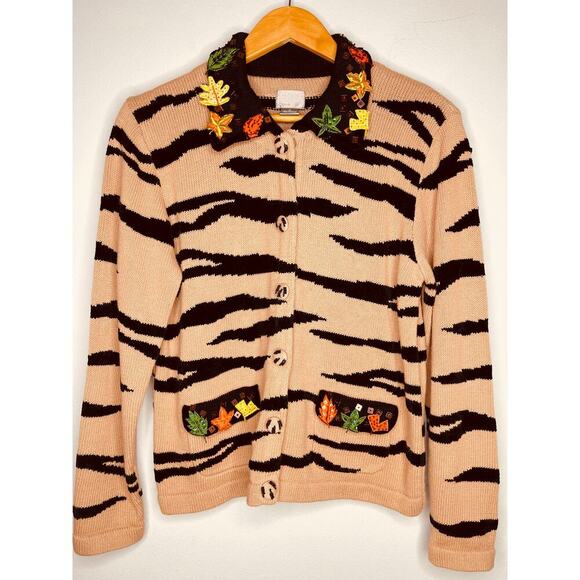 Berek Tiger Striped Embroidered Cardigan Knit Sweater size M Tan/Black Vintage - Picture 9 of 11